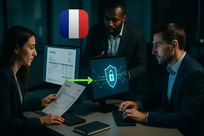 Digitale Rechnungsverarbeitung in Frankreich mit strukturiertem Datenaustausch zwischen Unternehmen über zertifizierte Plattformen, Validierungsprozesse und Steuerbehörde