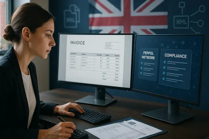 Deutsches Finance-Team bespricht internationale digitale Rechnungsprozesse nach Großbritannien mit Monitoren und Weltkarte im modernen Konferenzzimmer.