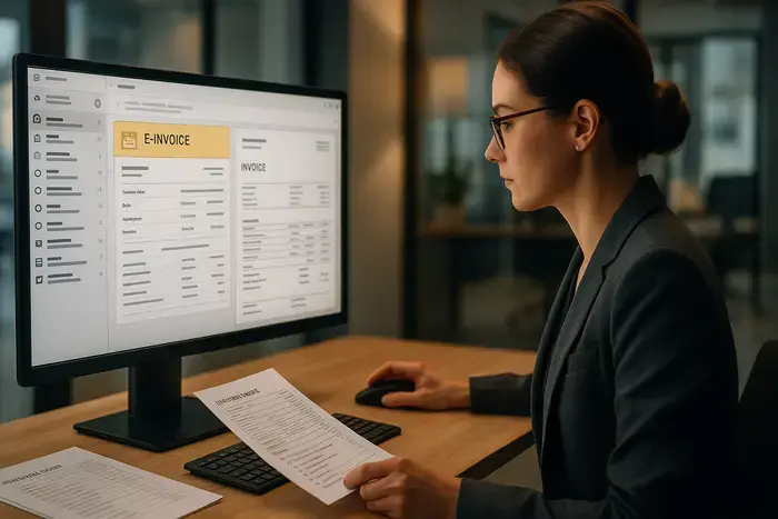 Finanzfachmann validiert E-Rechnung in Outlook mit strukturiertem Validierungsbericht und Ablage-Checkliste