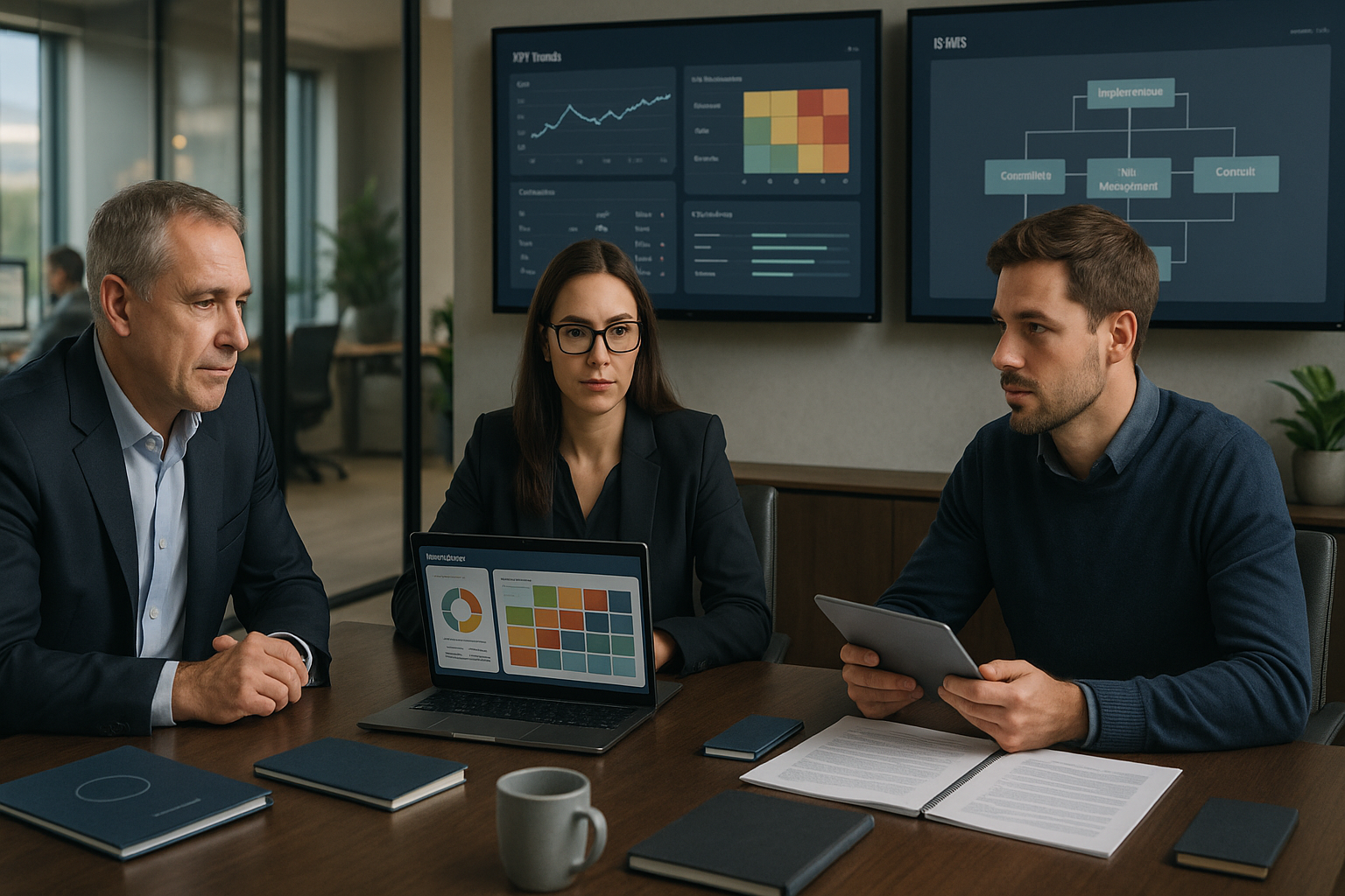 CFO und IT-Leiter im Gespräch mit Berater in modernem Konferenzraum mit Glaswänden, digitale Dashboards zeigen Risiko-Heatmaps und ISMS-Strukturen, professionelle Business-Atmosphäre mit natürlichem Tageslicht