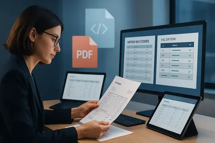 Modernes Büroumfeld mit digitalen Rechnungsprozessen: Mitarbeiter überprüft Rechnungsdaten auf Tablet mit strukturierten Mengeneinheiten und UNTDID-Codes, PDF- und XML-Elemente sichtbar, professionelle Beleuchtung