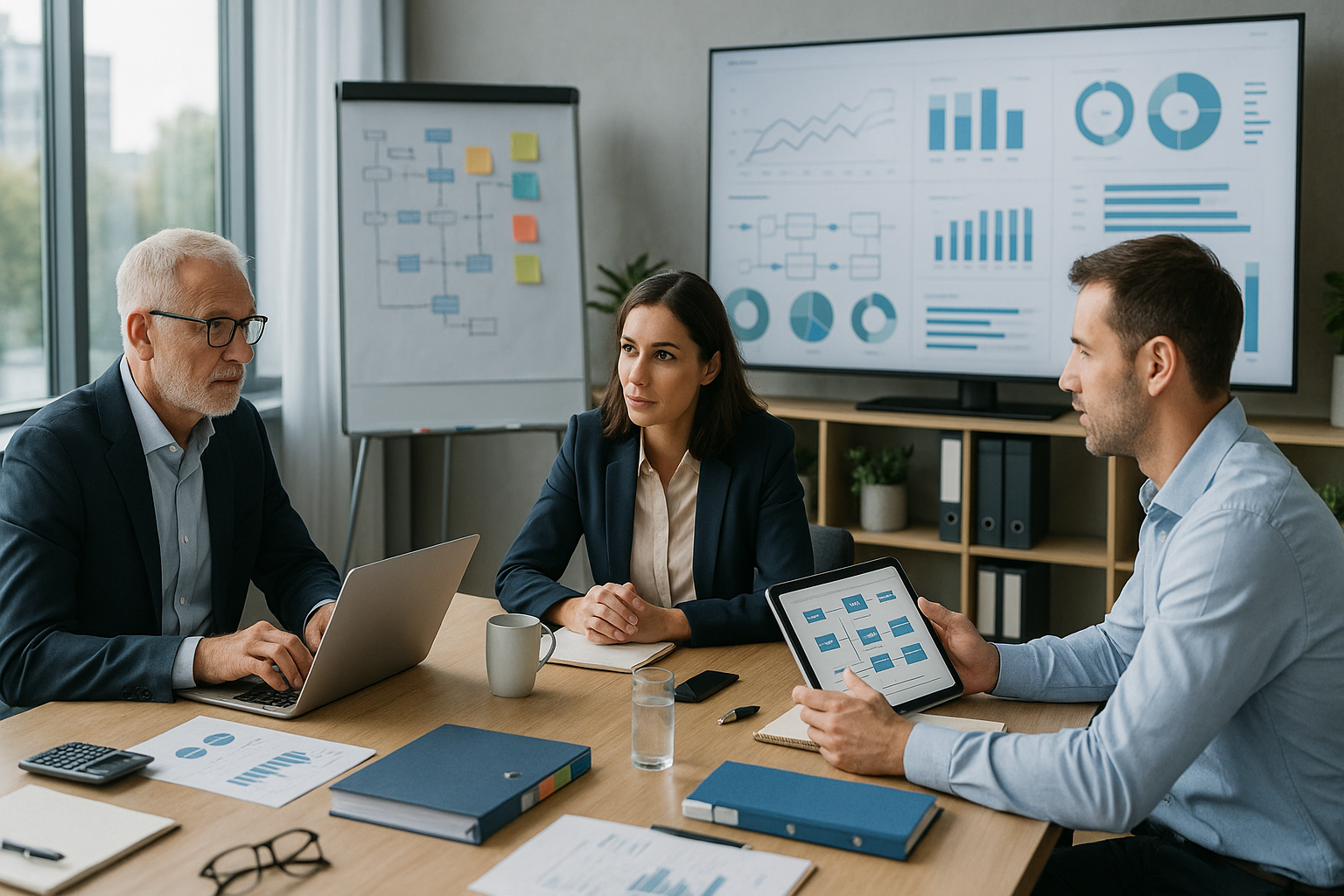 Drei Personen besprechen im Meetingraum Prozess- und KPI-Auswertungen, während im Hintergrund ein Dashboard mit Diagrammen und ein Whiteboard mit Ablaufplan zu sehen sind.