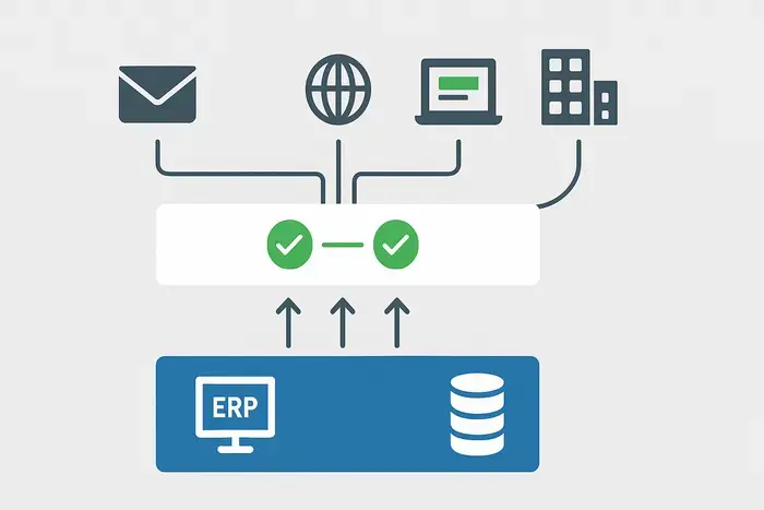 Architektur-Schichten einer E-Rechnungslösung: ERP-Basis, Validierungs- und Automatisierungslogik, Versandkanäle und Empfängersysteme mit Datenflussrichtungen