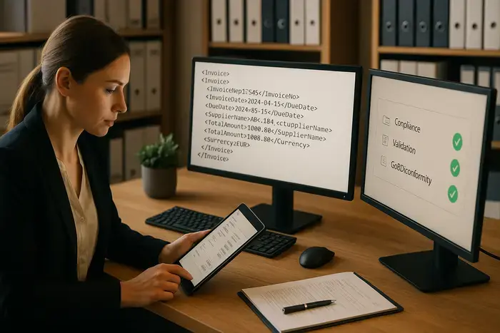 CFO prüft strukturierte XML-Rechnungsdaten mit Validierungsanzeigen und Archivierungsstatus auf dem Monitor