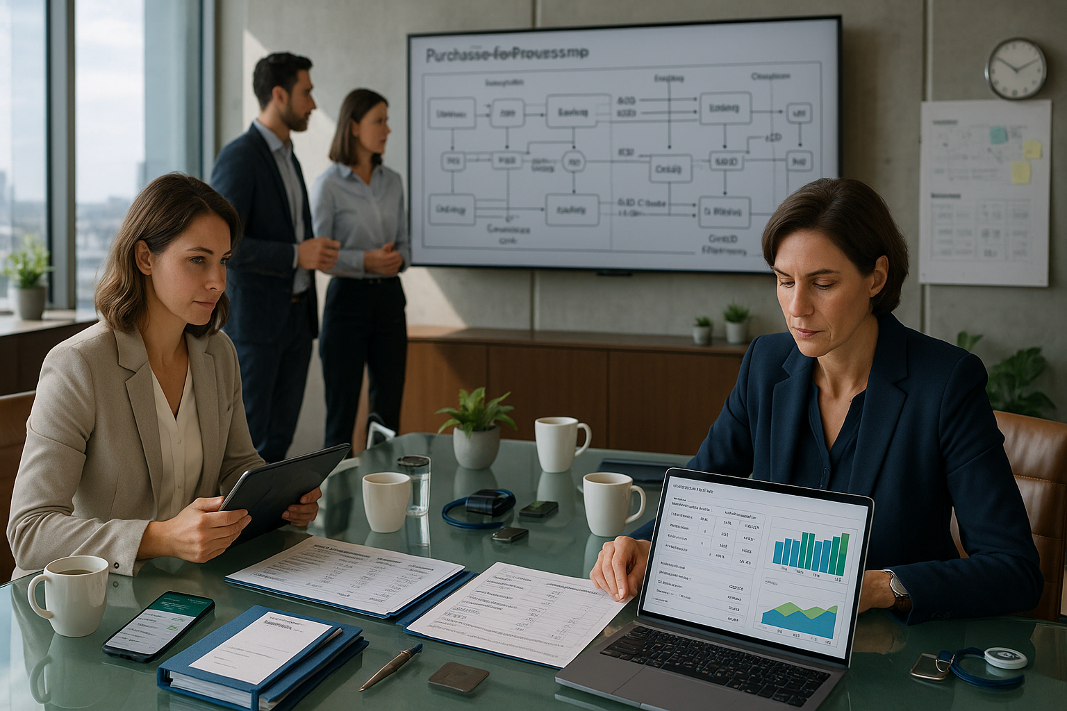 Zwei Mitarbeitende prüfen im Besprechungsraum Reports und ein Laptop-Dashboard mit Kennzahlen, im Hintergrund ist ein Purchase-to-Pay-Prozessdiagramm auf dem Bildschirm zu sehen.