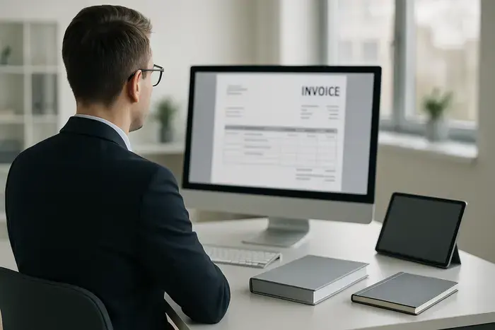 Moderner Arbeitsplatz mit Ordnern und Tablet zur revisionssicheren Rechnungsverarbeitung