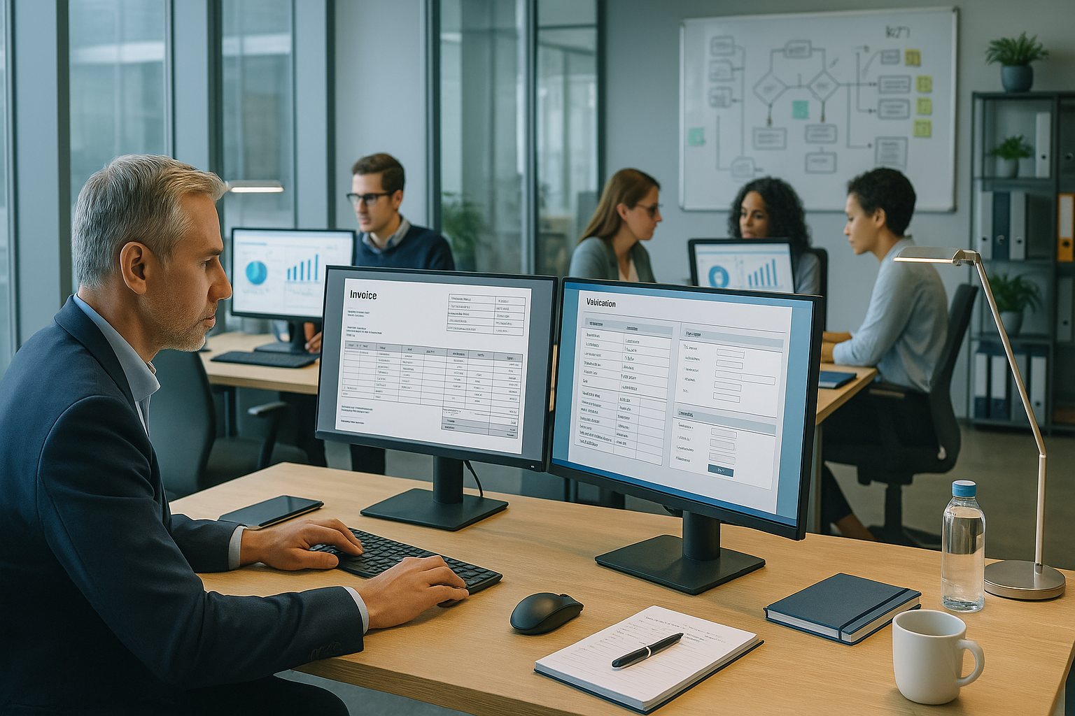 Moderne Finanzabteilung mit mehreren Mitarbeitern an großen Monitoren, strukturierte Rechnungsdaten und Prozessdiagramme auf Bildschirmen, helle Büroumgebung mit Glaswänden und natürlichem Tageslicht, Schreibtische mit Laptops Tablets Notizblöcken Stiften und Kaffeetassen, im Hintergrund Whiteboard mit KPI-Übersichten und Flussdiagrammen, konzentrierte professionelle Arbeitsatmosphäre