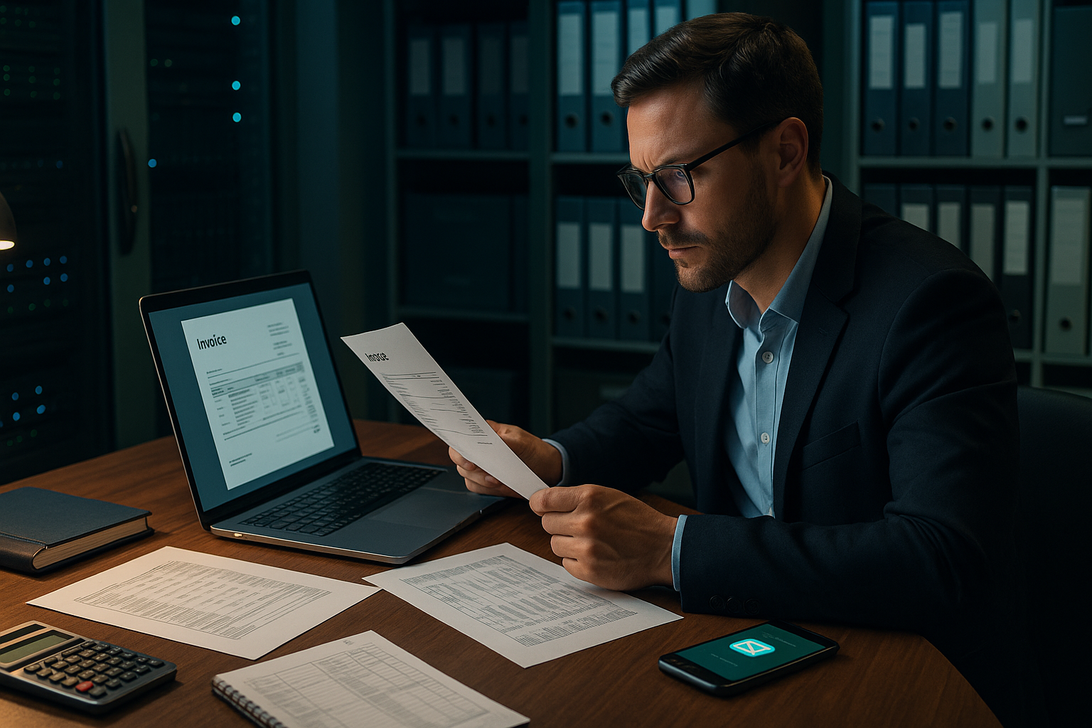 Geschäftsperson arbeitet konzentriert an einem Laptop und bearbeitet digitale Rechnungsdokumente sowie Finanzprozesse auf modernem Schreibtisch mit Finanzdokumenten, Notizbüchern und Archivierungssystemen im Hintergrund.