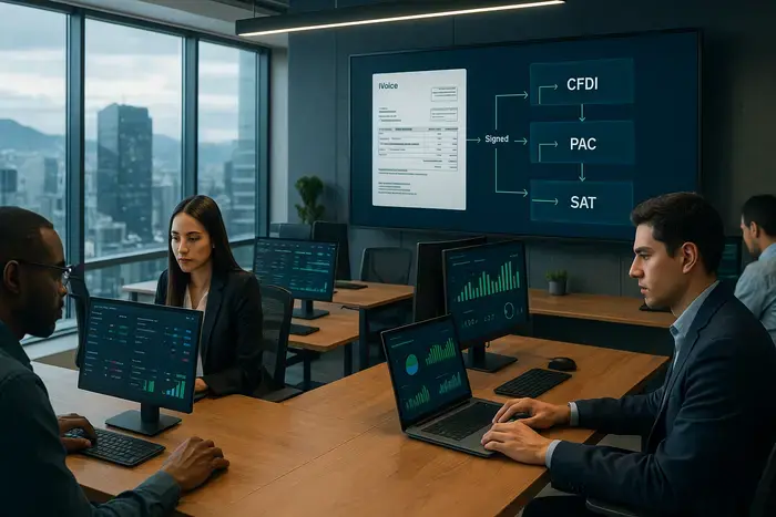 Modernes Finanzbüro mit Mitarbeitern an Computern, die Rechnungsdaten und CFDI-Validierungsprozesse überwachen, mit Prozessdiagrammen auf Displays