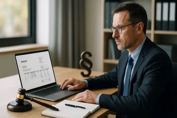 Moderner Arbeitsplatz mit Laptop und Dokumenten auf dem Schreibtisch in Steuerberatungskanzlei