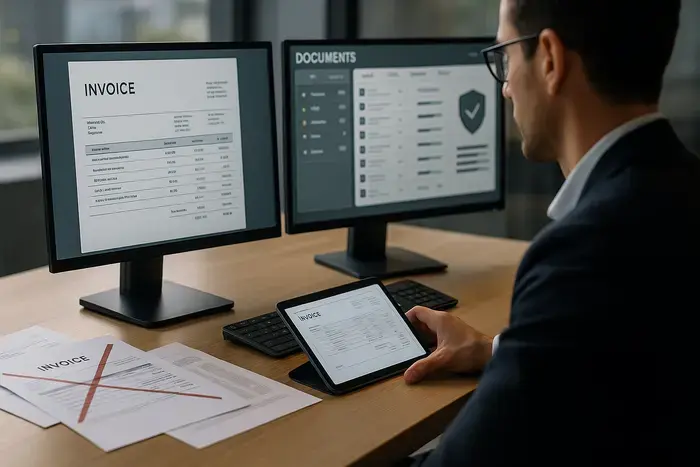 Moderner Arbeitsplatz mit Rechnungsdaten auf Monitor, digitalem Archiv-Dashboard, E-Rechnungsformaten auf Tablet und Übergangssymbol vom Papierdokument zu digitalen Prozessen.