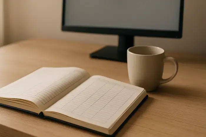 Strukturiertes Datenformat auf Notizbuch neben Kaffeetasse auf Holzschreibtisch mit Monitor im Hintergrund