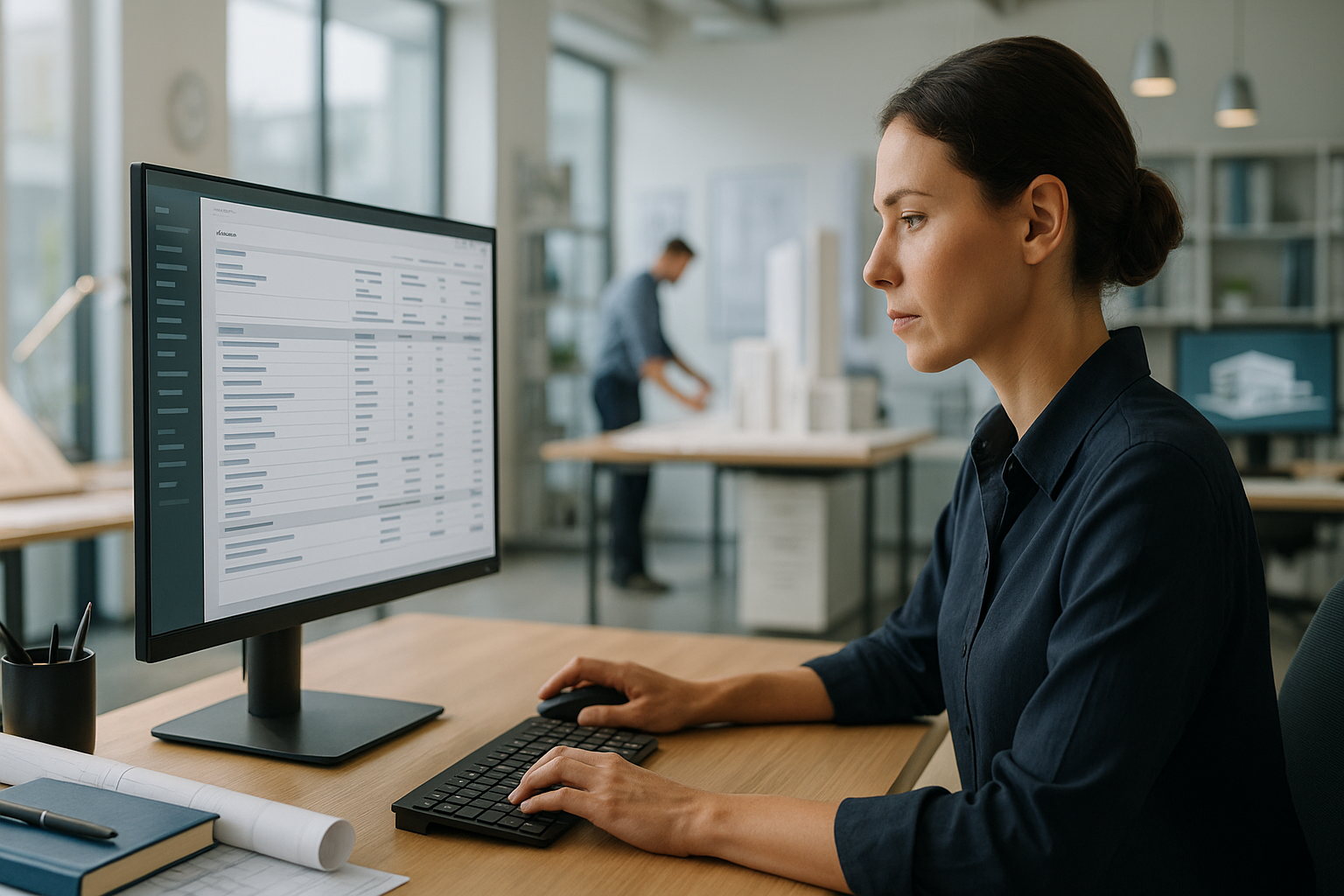 Architekt arbeitet konzentriert am modernen Arbeitsplatz mit großem Monitor, auf dem strukturierte digitale Rechnungsdaten sichtbar sind, im hellen Planungsbüro mit Bauplänen
