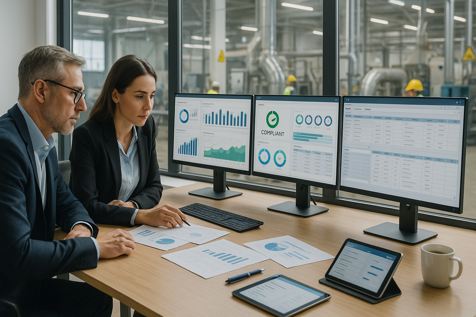 Moderne Büroumgebung mit CFO und Controller am Schreibtisch vor mehreren Bildschirmen mit Dashboards und Compliance-Status, dahinter Produktionshalle durch Glaswand mit Fachkräften in Schutzkleidung, helle professionelle Beleuchtung, Querformat