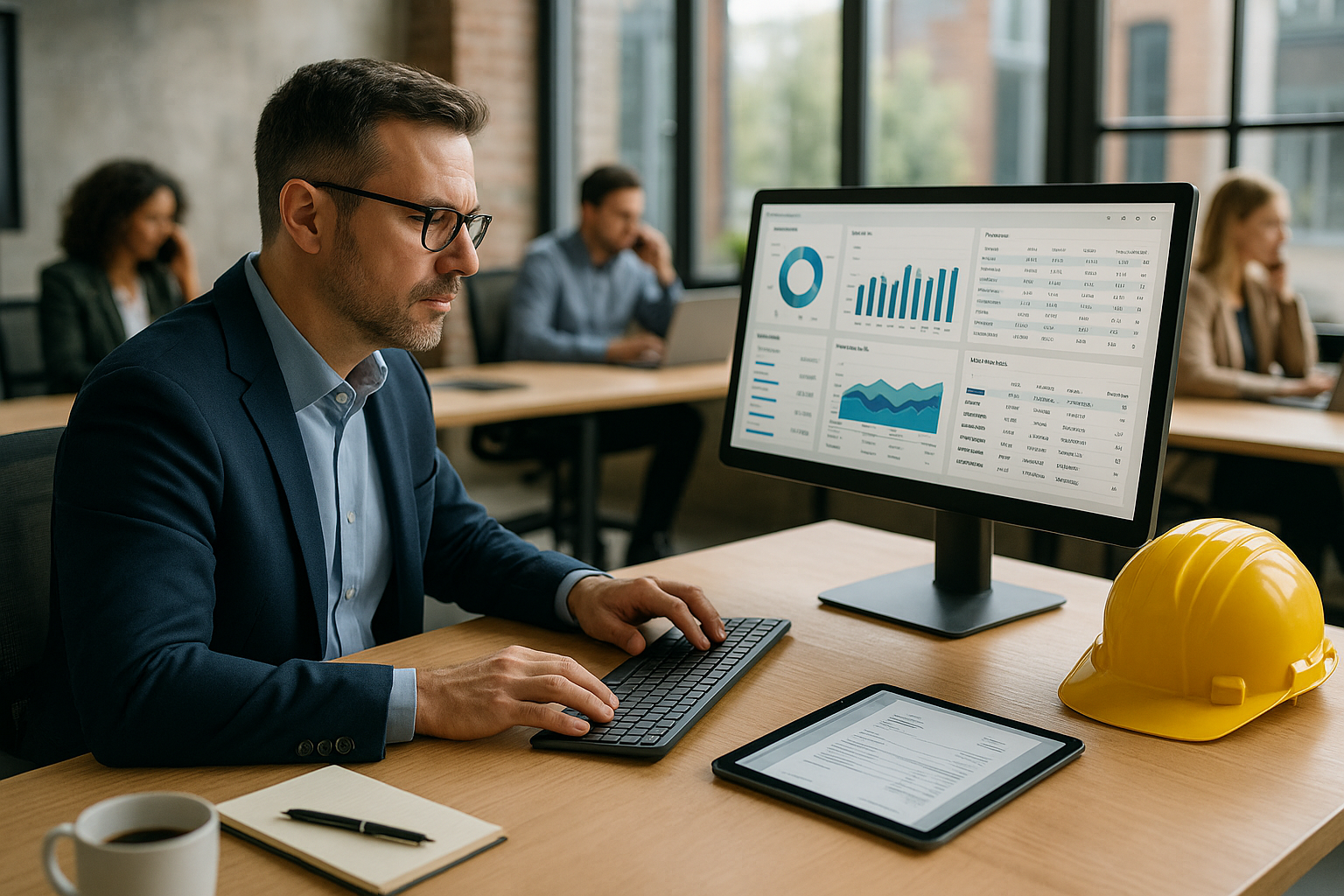 Modernes Büro eines Bauunternehmens mit IT-Leiter vor zwei großen Monitoren, auf denen Integrationsarchitektur-Diagramme, API-Schnittstellen, ERP-Dashboards und RACI-Matrix zu sehen sind, heller Raum mit großen Fenstern, Tageslicht, Laptop und Tablet auf Schreibtisch, Bauprojektmodell und Grünpflanze im Hintergrund, professionelle Arbeitsatmosphäre