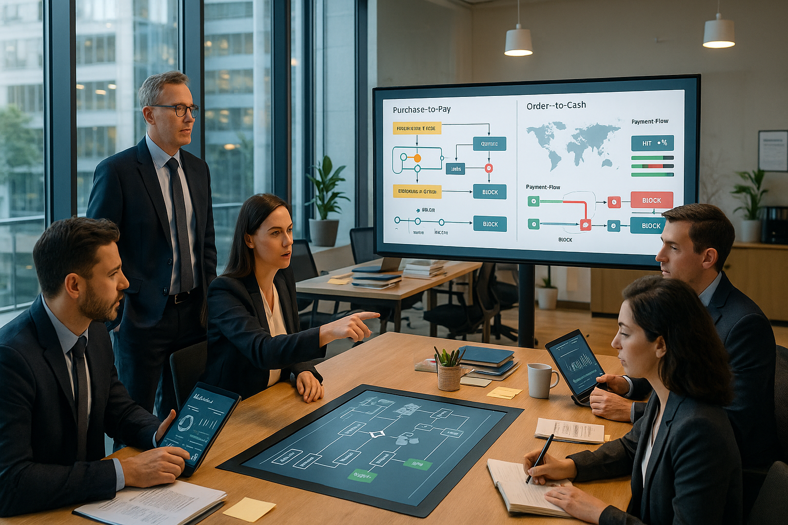 Teammeeting im Büro mit Präsentation zu Purchase-to-Pay und Order-to-Cash auf großem Bildschirm, Mitarbeitende diskutieren Prozessabläufe am Tisch mit Tablets und Notizen.
