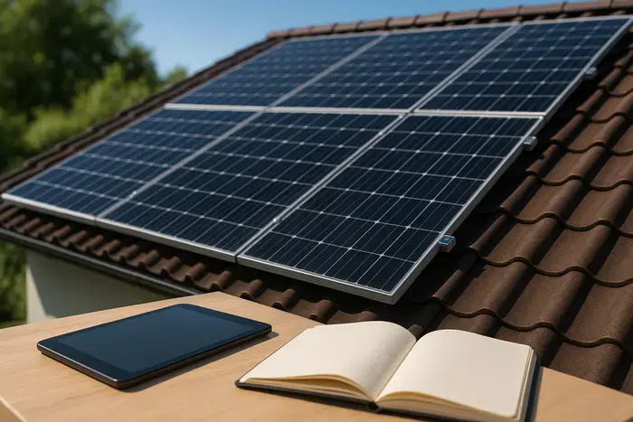 Photovoltaikanlage auf Hausdach mit Tablet und Notizbuch auf Terrasse, digitale Verwaltung symbolisiert