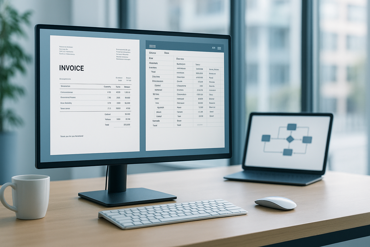 Moderne Büroumgebung mit Laptop, auf dem eine hybride ZUGFeRD-Rechnung als PDF mit eingebettetem XML-Symbol dargestellt wird, umgeben von digitalen Dokumenten und Workflow-Diagrammen