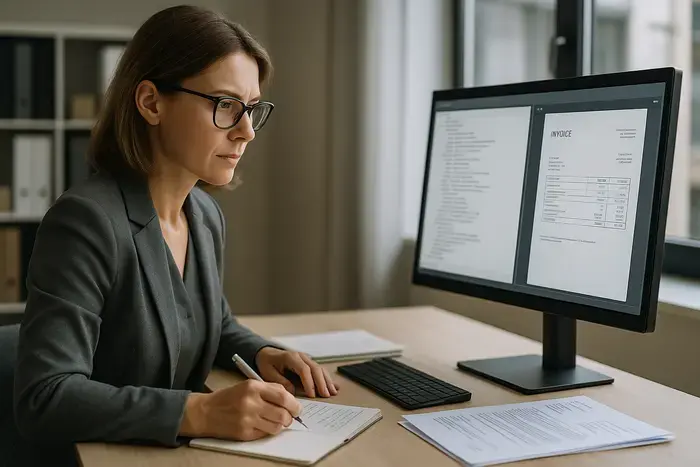 Frau prüft E-Rechnung im strukturierten Viewer mit XML- und PDF-Daten, dokumentiert Metadaten und Validierungen am modernen Compliance-Arbeitsplatz