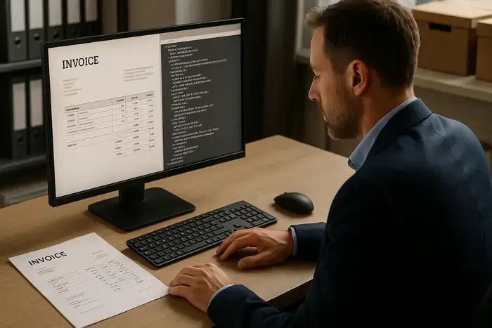 Finanzverantwortlicher erstellt ZUGFeRD-Rechnungen mit LaTeX-Vorlage und prüft strukturierte Rechnungsdaten auf dem Monitor.