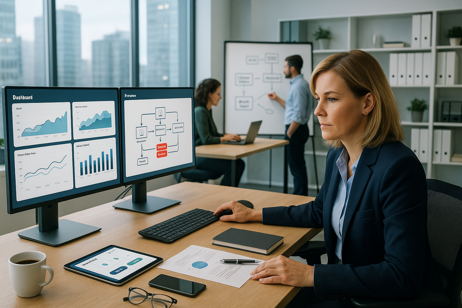 Mitarbeiterin analysiert am Schreibtisch KPI-Dashboard und Prozessübersicht auf zwei Monitoren, während im Hintergrund Kollegen einen Ablaufplan am Whiteboard besprechen.