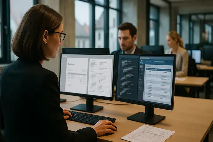 Moderner Arbeitsplatz in einer bayerischen Verwaltung: Mitarbeiter verarbeiten digitale Rechnungsdaten an Computern mit strukturierten Rechnungsformaten und modernem Workflow-Management.