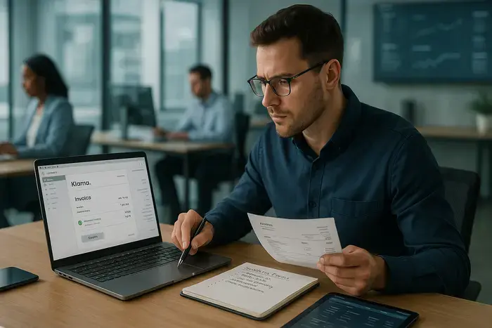 Finance-Fachkraft überprüft eine Klarna-Rechnungs-E-Mail am Laptop-Bildschirm, umgeben von digitalisierten Rechnungsdokumenten, mit Fokus auf Authentizität und Prozessverantwortlichkeit