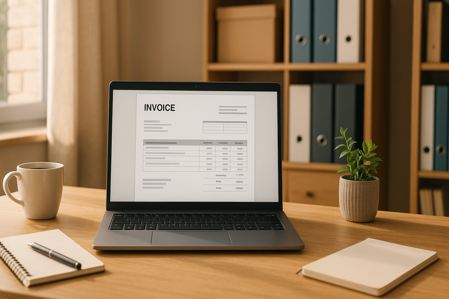 Kleinunternehmer sitzt am modernen Schreibtisch und prüft strukturierte elektronische Rechnung auf Computer-Bildschirm in hellem Büro mit Buchhaltungsunterlagen