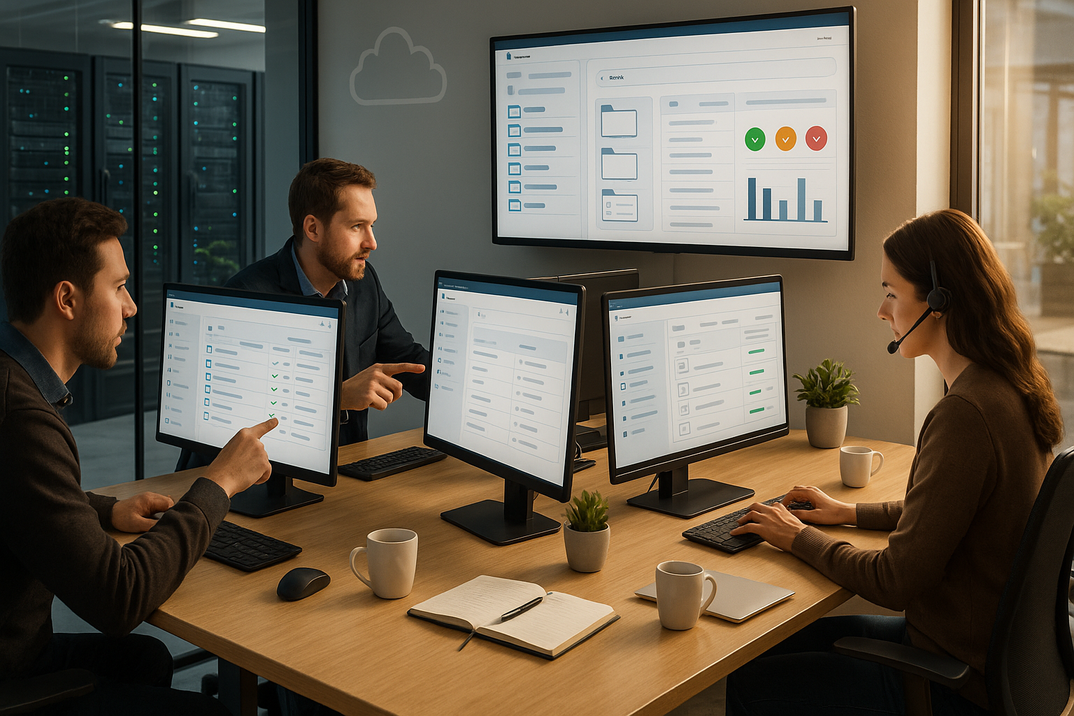 Moderne Büroumgebung mit drei Mitarbeitenden an ergonomischen Schreibtischen, große Monitore zeigen Dokumentenmanagementsystem mit digitalen Akten und Workflows, zentraler Wandmonitor mit Dashboard, verglaster Serverraum im Hintergrund, natürliches Tageslicht