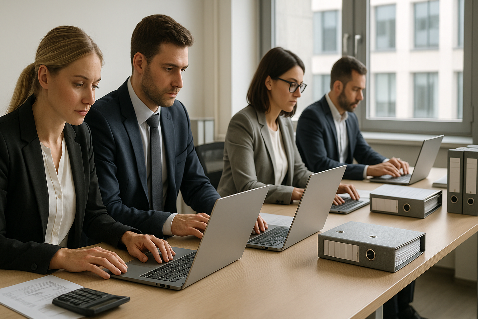 Moderne Büroumgebung mit Finance-Mitarbeitern an Laptops, die digitale Rechnungsprozesse bearbeiten, strukturierte Akten auf sauberen Schreibtischen, professionelle Atmosphäre mit natürlichem Tageslicht, Querformat