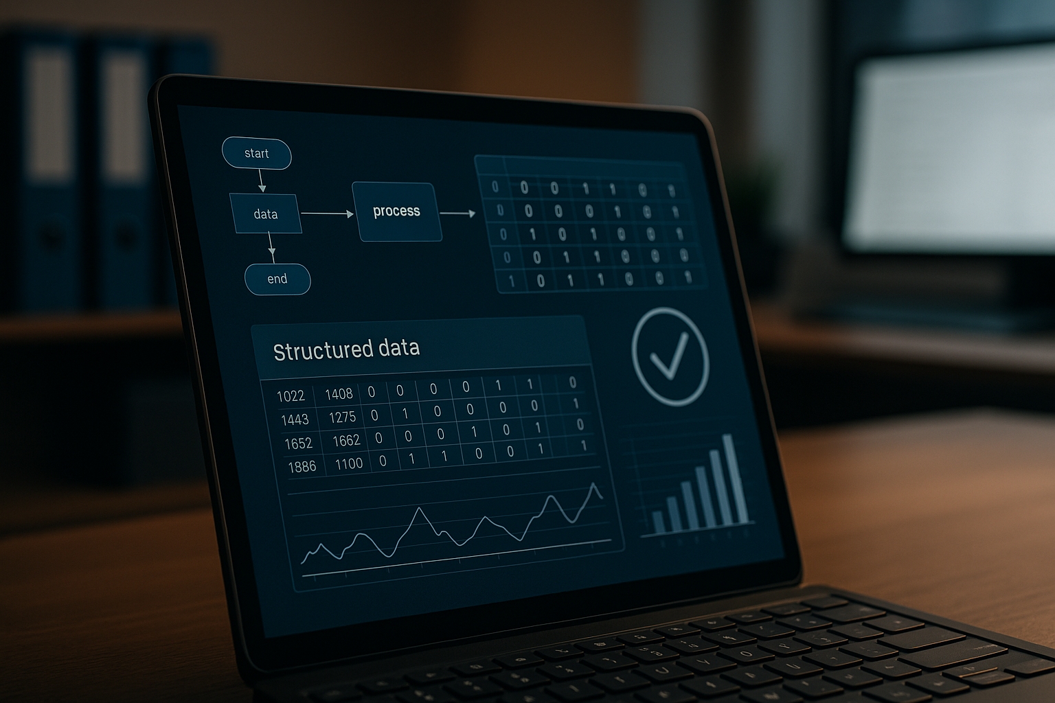 Nahaufnahme eines modernen Bildschirms mit strukturierten Daten und Workflow-Diagrammen zur Validierung von Rechnungsprozessen, im Hintergrund unscharfe Büroelemente wie Schreibtisch und Monitor, konzentrierte und lösungsorientierte Arbeitsatmosphäre mit warmem indirekten Licht