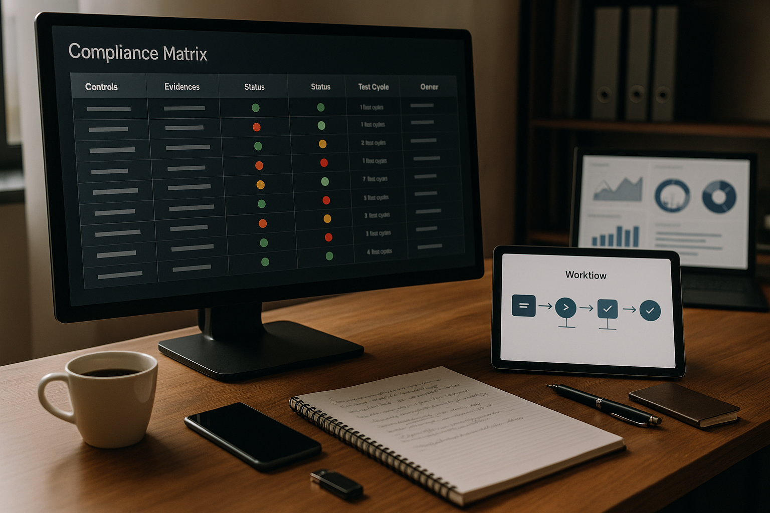 Monitor zeigt eine Compliance-Matrix mit Statusanzeigen, daneben Tablet mit Workflow-Diagramm auf einem Schreibtisch mit Notizbuch, Smartphone und Kaffee.