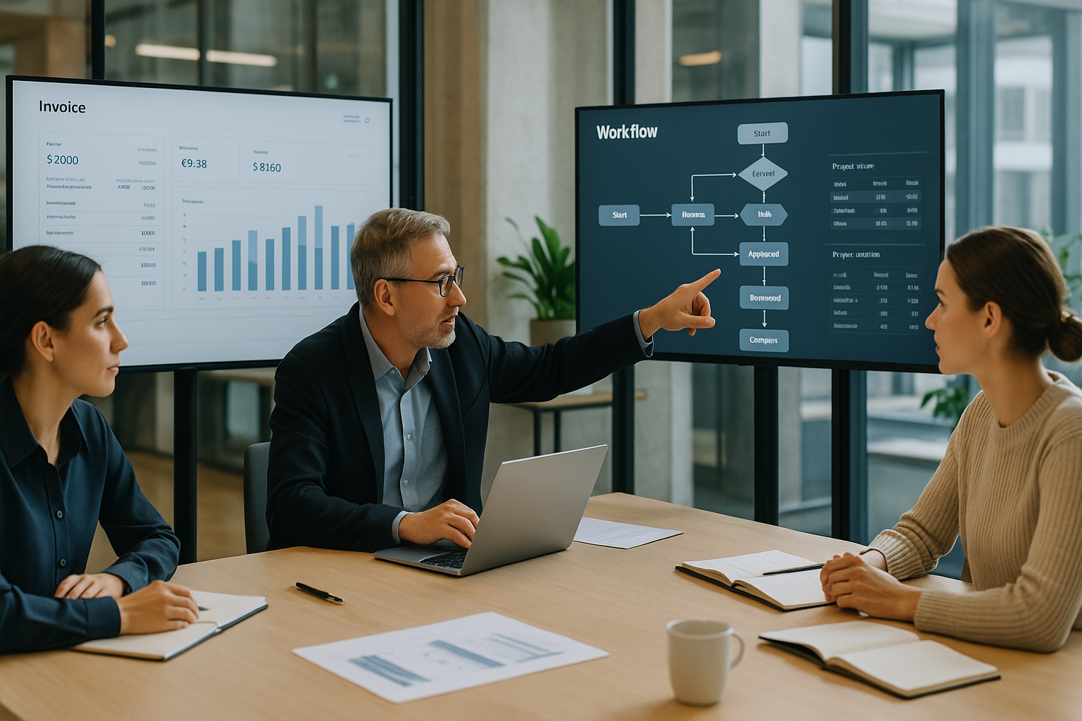 Professionelles Teammeeting in modernem Planungsbüro mit mehreren Personen am Konferenztisch, die digitale Rechnungsprozesse und Workflow-Diagramme auf großen Bildschirmen diskutieren