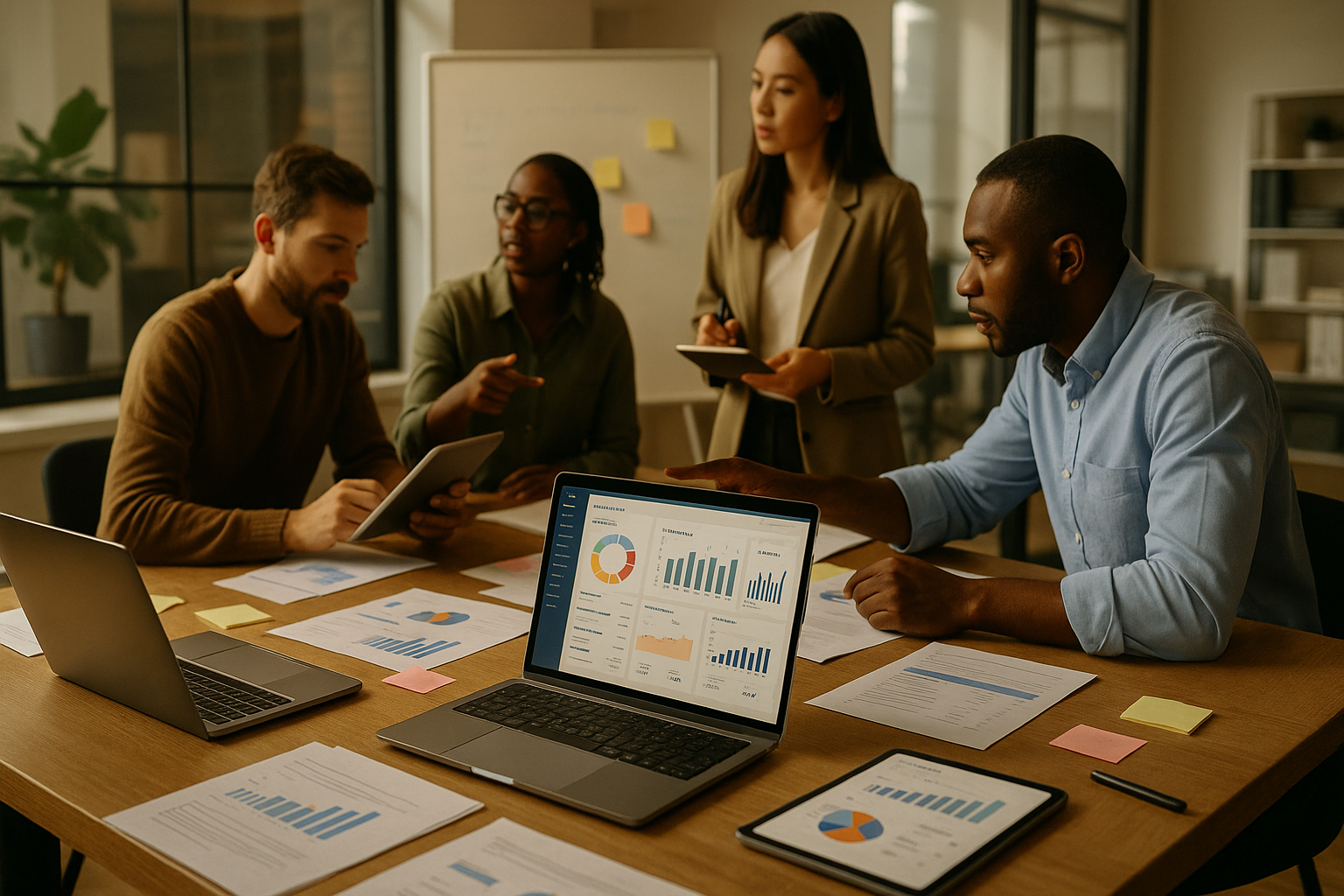 Team arbeitet im Meeting an Finanz- und KPI-Auswertungen, mit Laptop-Dashboard und Unterlagen auf dem Tisch, während eine Person Notizen macht.