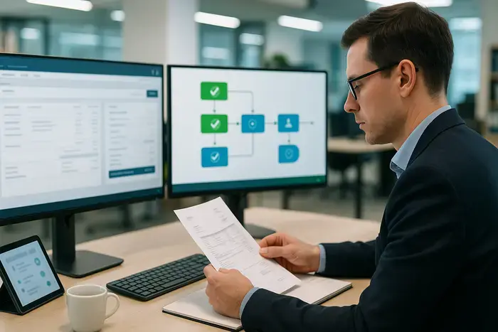 Schreibtisch mit zwei Monitoren zeigt Rechnungsverwaltungsoberfläche, Mitarbeiter überprüft Dokument, Tablet mit Workflow-Infos, keine sichtbaren Texte auf Bildschirmen