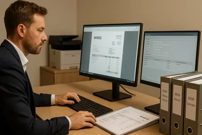 Finanzabteilungsmitarbeiter prüft digitale Rechnungs-PDFs auf dem Monitor und importiert diese strukturiert in ein Buchhaltungssystem. Ordner mit digitalem Rechnungsarchiv und Dokumentenspeicherung sichtbar.