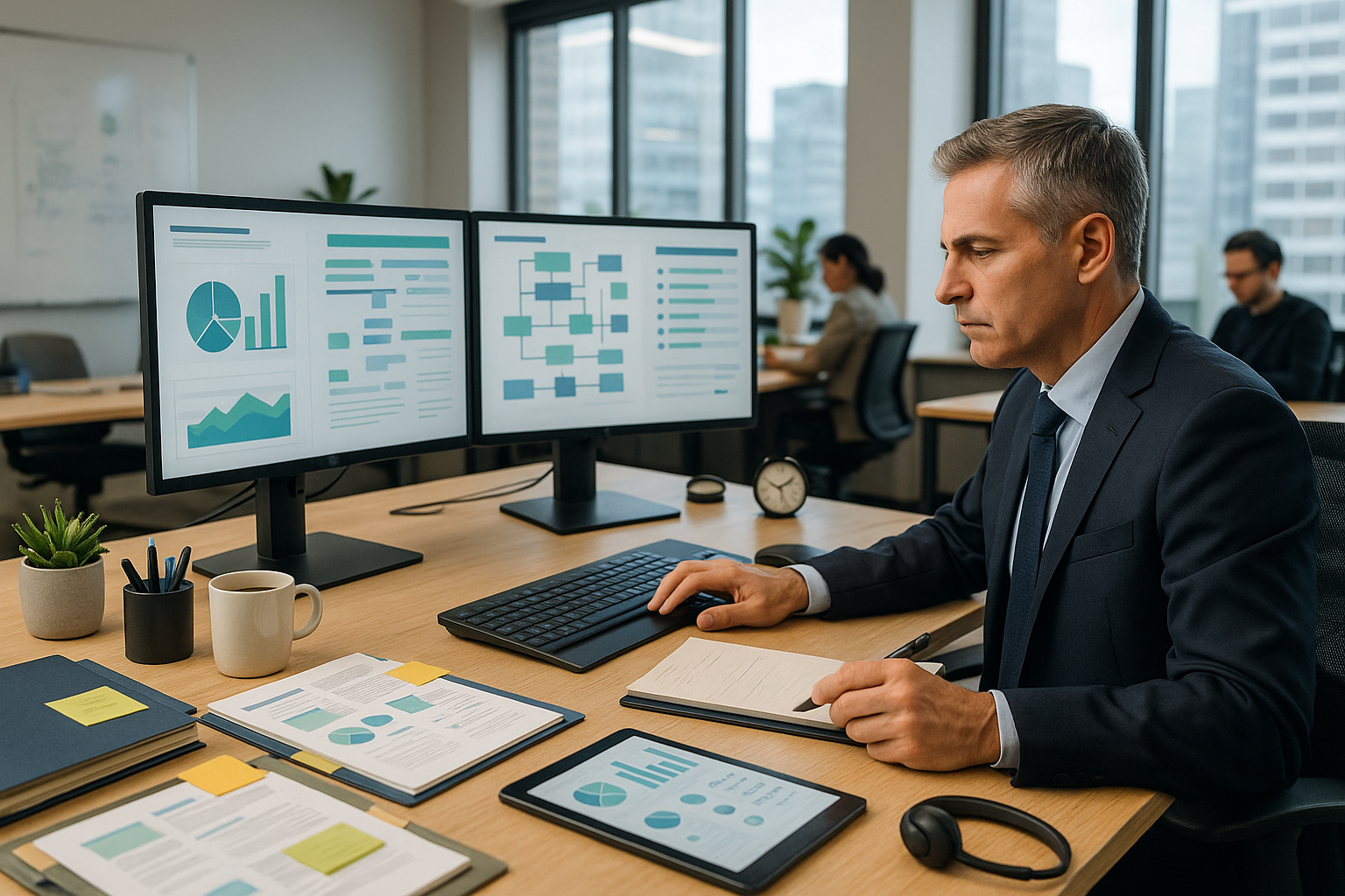 Manager arbeitet im Büro an zwei Monitoren mit KPI- und Prozessübersichten, während am Schreibtisch Reports, Notizen und ein Tablet mit Diagrammen liegen.