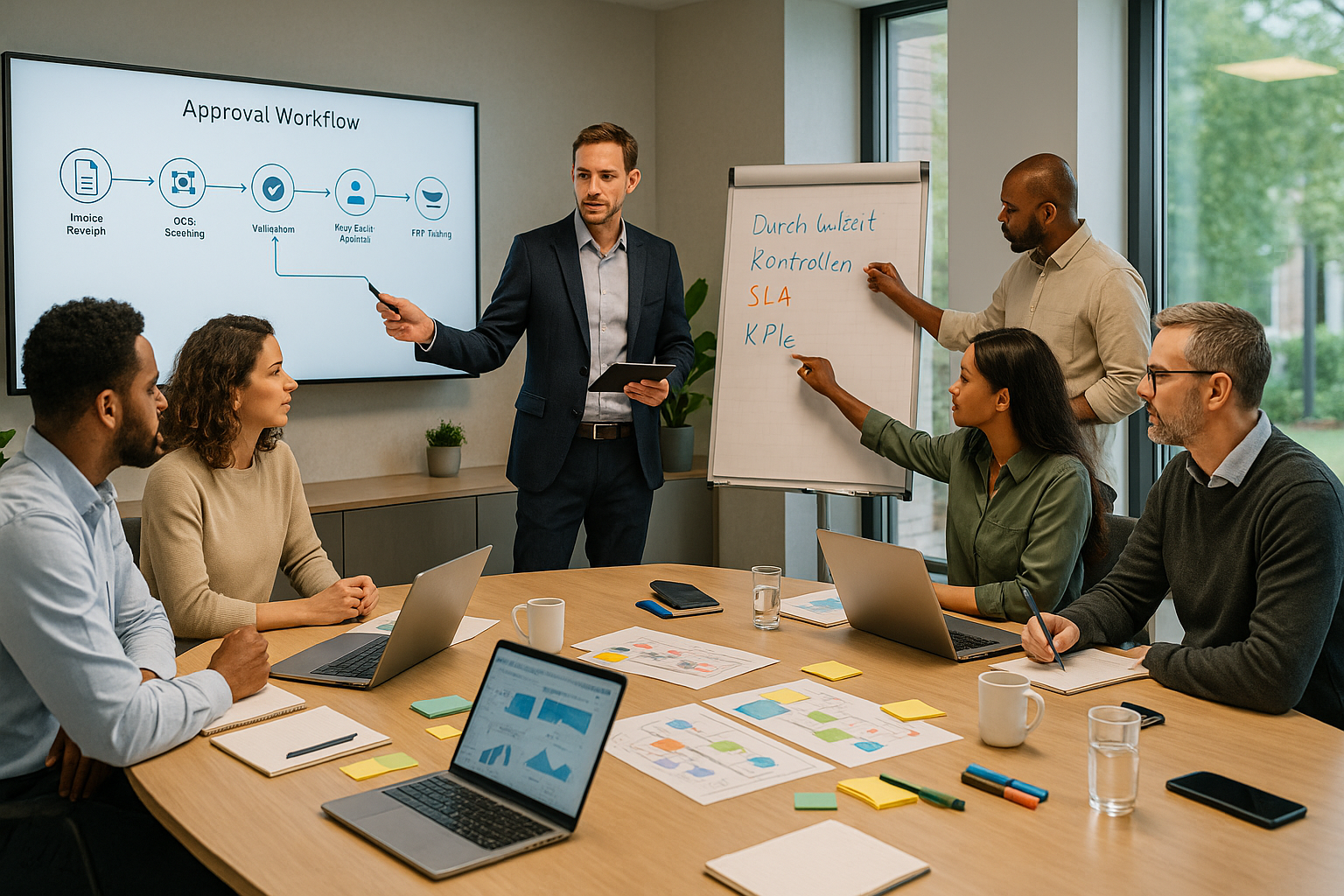 Workshop im Meetingraum: Präsentation zum Approval-Workflow am Bildschirm, Team diskutiert SLA- und KPI-Punkte am Flipchart und arbeitet mit Laptops und Notizen am Tisch.