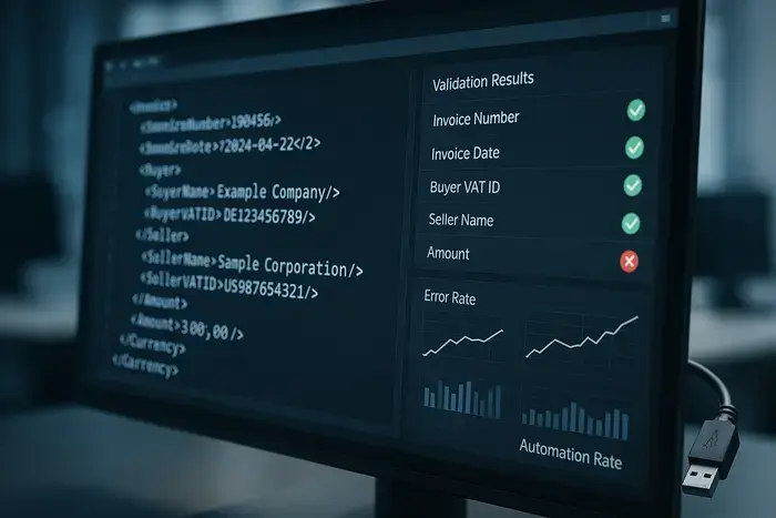 Detailaufnahme eines Computerbildschirms mit XML-Code, Validierungsergebnissen (grüne Häkchen, rote X-Symbole) und grafischen Darstellungen von Fehlerquoten und Automatisierungsgrad. Im Hintergrund technische Geräte und Datenkabel.