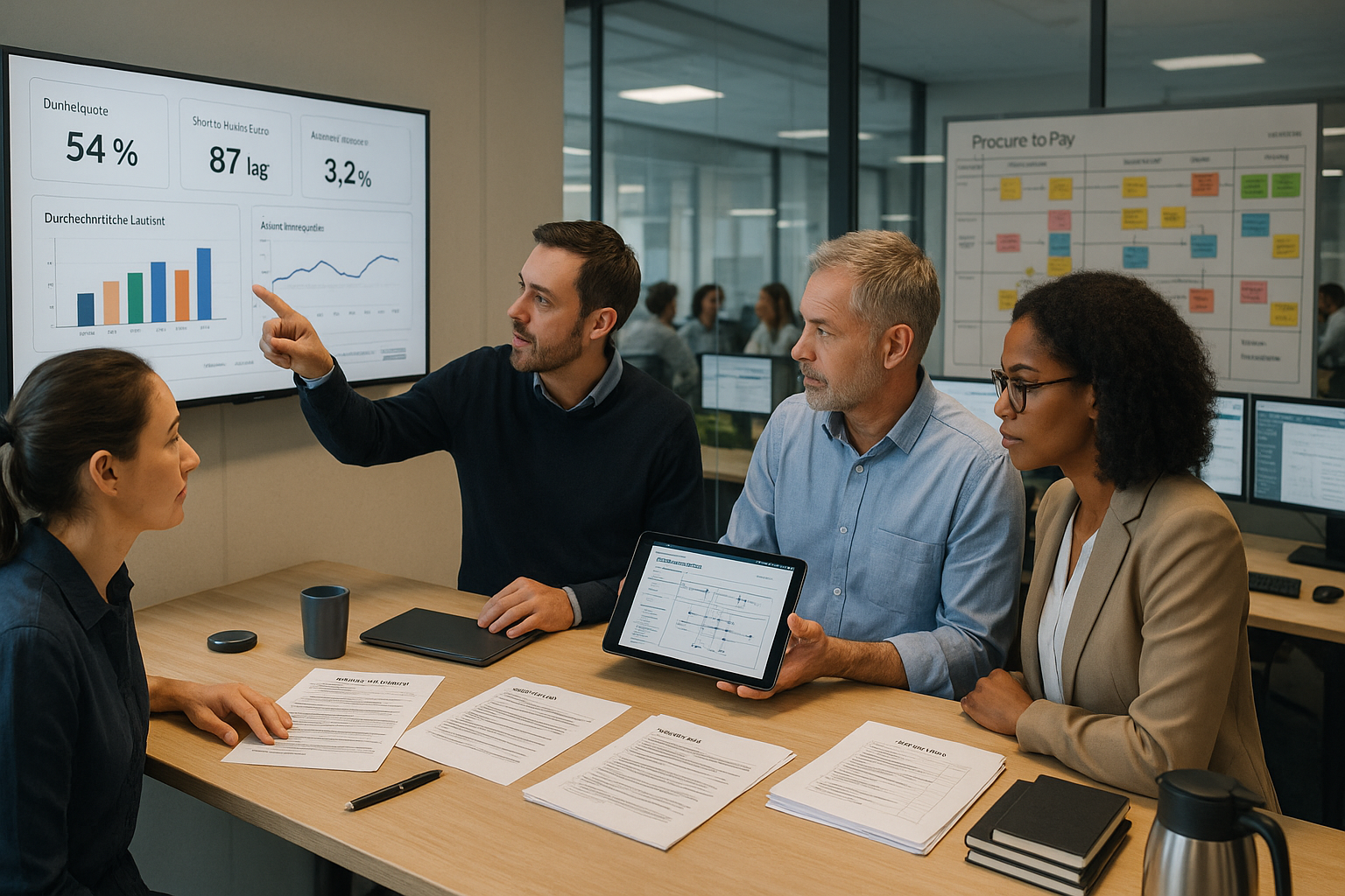 Team im Besprechungsraum analysiert KPI-Dashboard an der Wand und Reportings auf dem Tisch, eine Person zeigt auf Kennzahlen während ein Tablet Diagramme anzeigt.