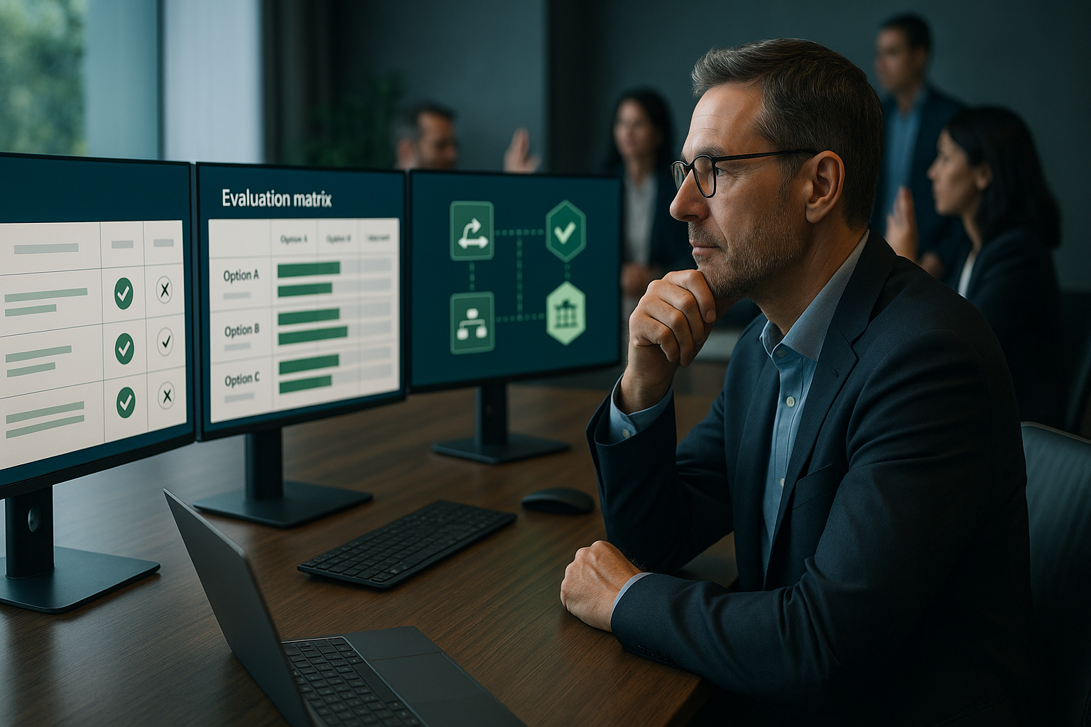 Entscheidungsmatrix und Vergleichstabelle für verschiedene E-Rechnungslösungsoptionen mit Bewertungsmetriken