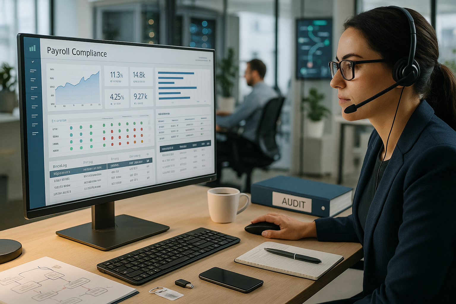 Mitarbeiterin mit Headset überwacht am Schreibtisch ein Payroll-Compliance-Dashboard auf dem Monitor, mit Notizbuch, Tastatur und Audit-Ordner daneben.