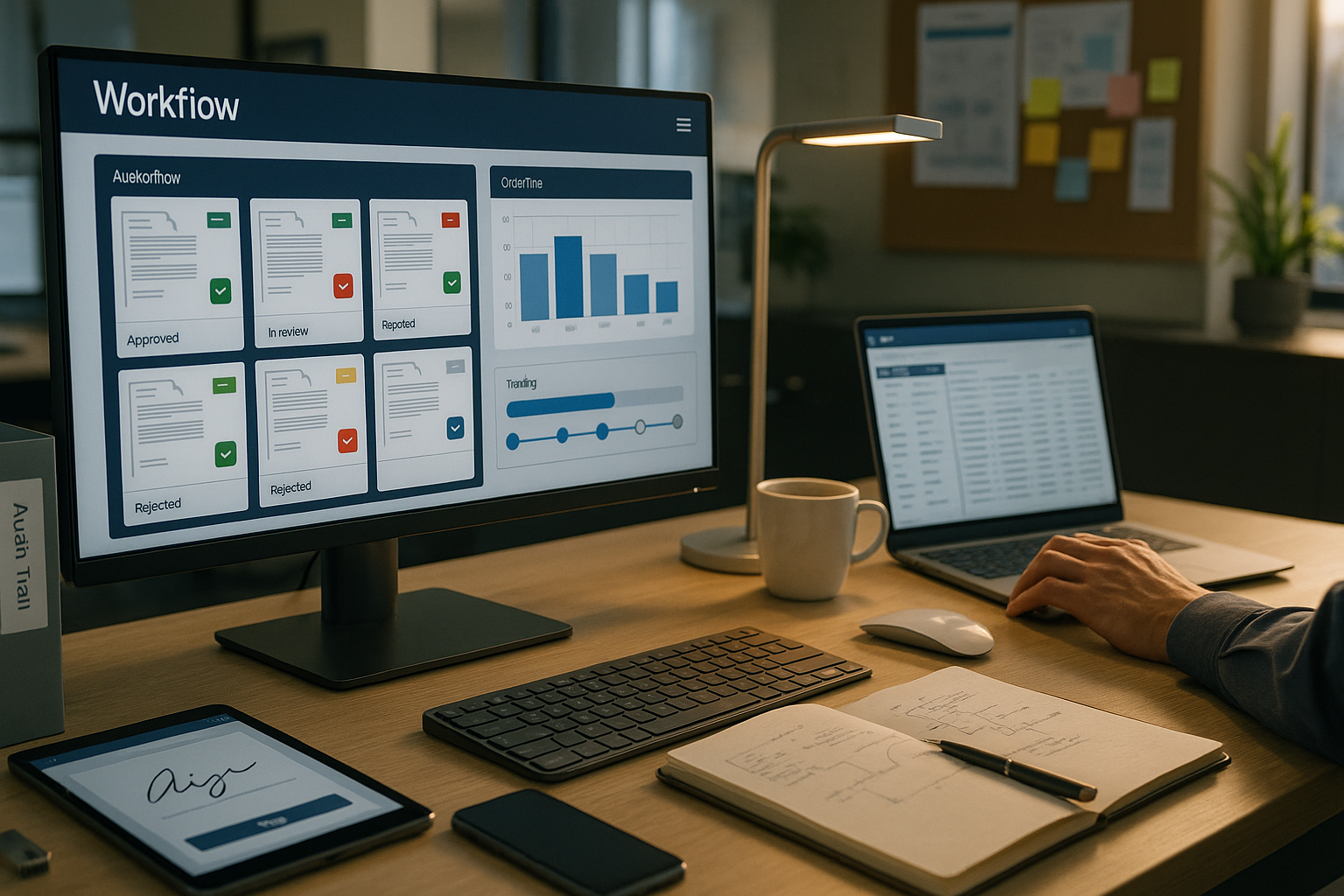 Arbeitsplatz mit Monitor zeigt Workflow- und Freigabestatus mit Diagrammen, daneben Laptop, Notizbuch und Eingabegeräte auf dem Schreibtisch.