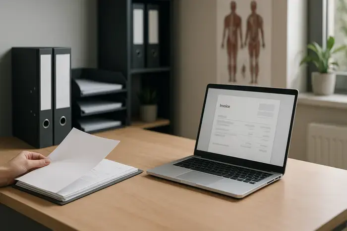 Organisiertes Physiotherapie-Büro mit strukturierter Belegverwaltung und professioneller Arbeitsumgebung