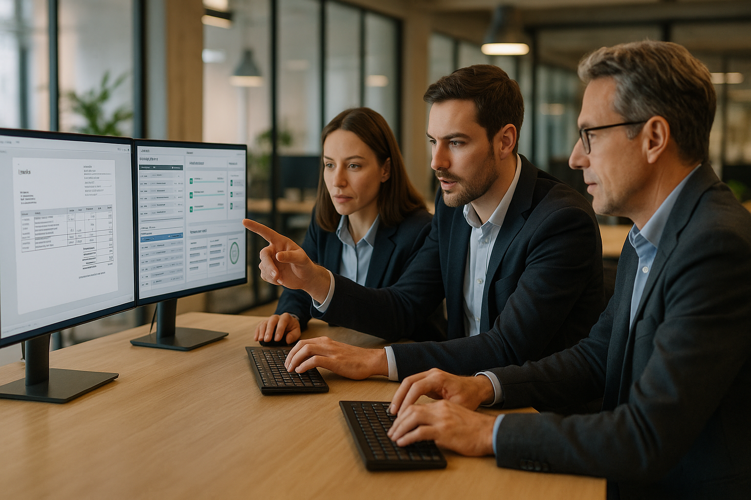 Team aus Finanzexperten analysiert digitale Rechnungsformate auf mehreren Bildschirmen in modernem Büro mit Workflow-Dashboards und strukturierten Daten