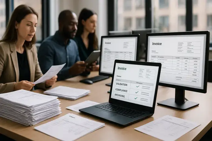 Finanzabteilung mit Team arbeitet an elektronischen Rechnungsprozessen. Bildschirme zeigen Validierungsprozesse und Archivierungsschritte. Übergang von Papierstapeln zu digitalen Dokumenten illustriert die Transformation von manuellen zu automatisierten Prozessen.