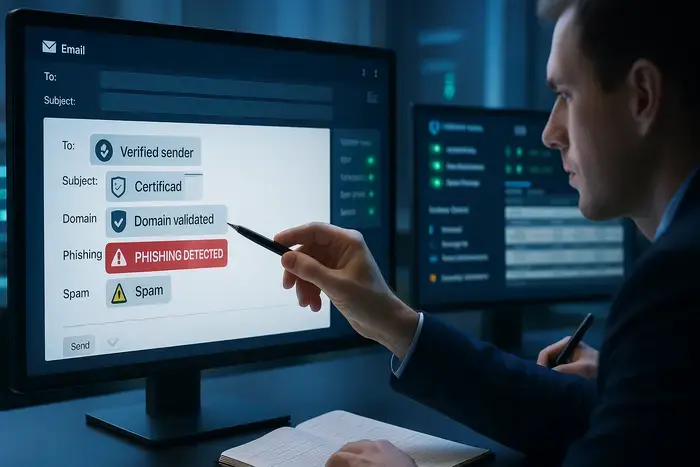 Computer-Bildschirm zeigt E-Mail-Sicherheitsüberprüfung mit Authentizitätsindikatoren, Zertifikatssymbolen und Warnsignalen für Phishing-Prävention in der Finance-Praxis