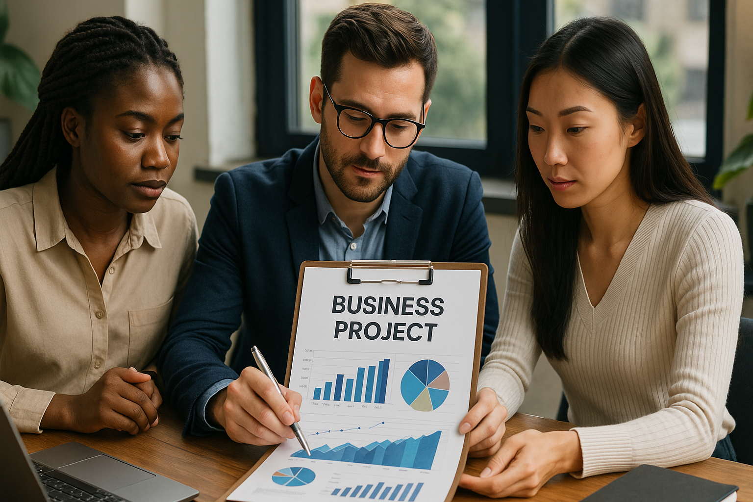 Diverse Projektgruppe in Besprechungsraum, IT-Leiter zeigt Integrationsarchitektur auf digitalem Whiteboard mit Systemgrenzen HR-Payroll-ERP-Finance und Datenflüssen, CFO und Finance-Manager hören zu, Laptops auf Tisch, konzentrierte Arbeitsatmosphäre