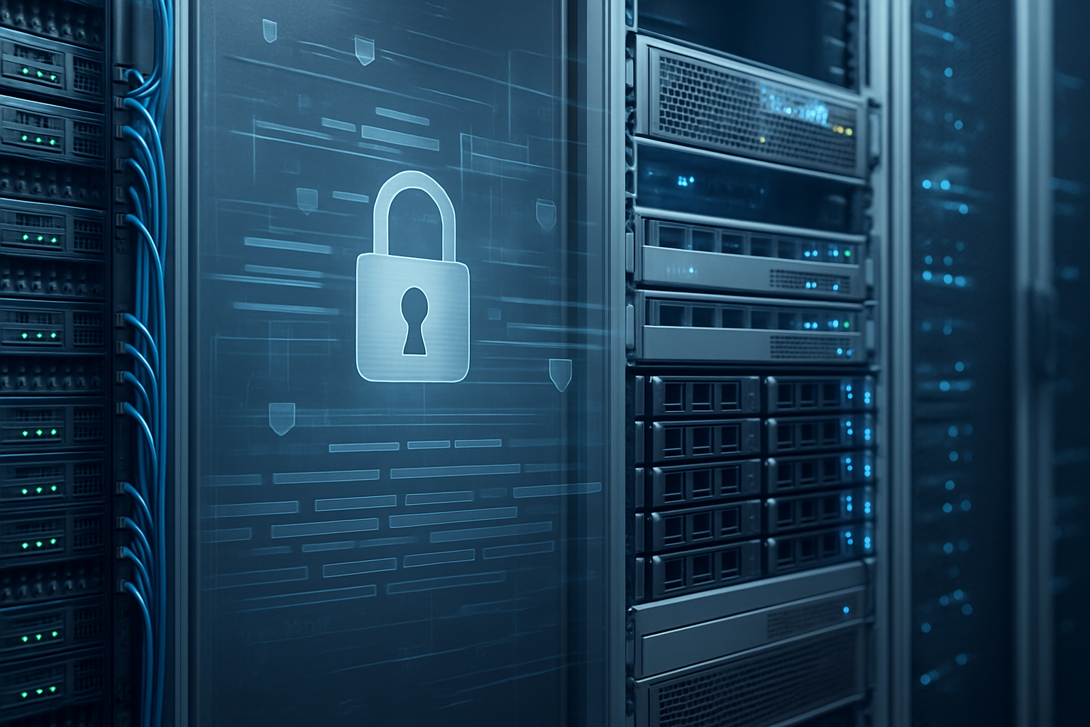 Detailaufnahme einer modernen IT-Infrastruktur mit Server-Racks und strukturierten Datenspeichern in professionellem Rechenzentrum