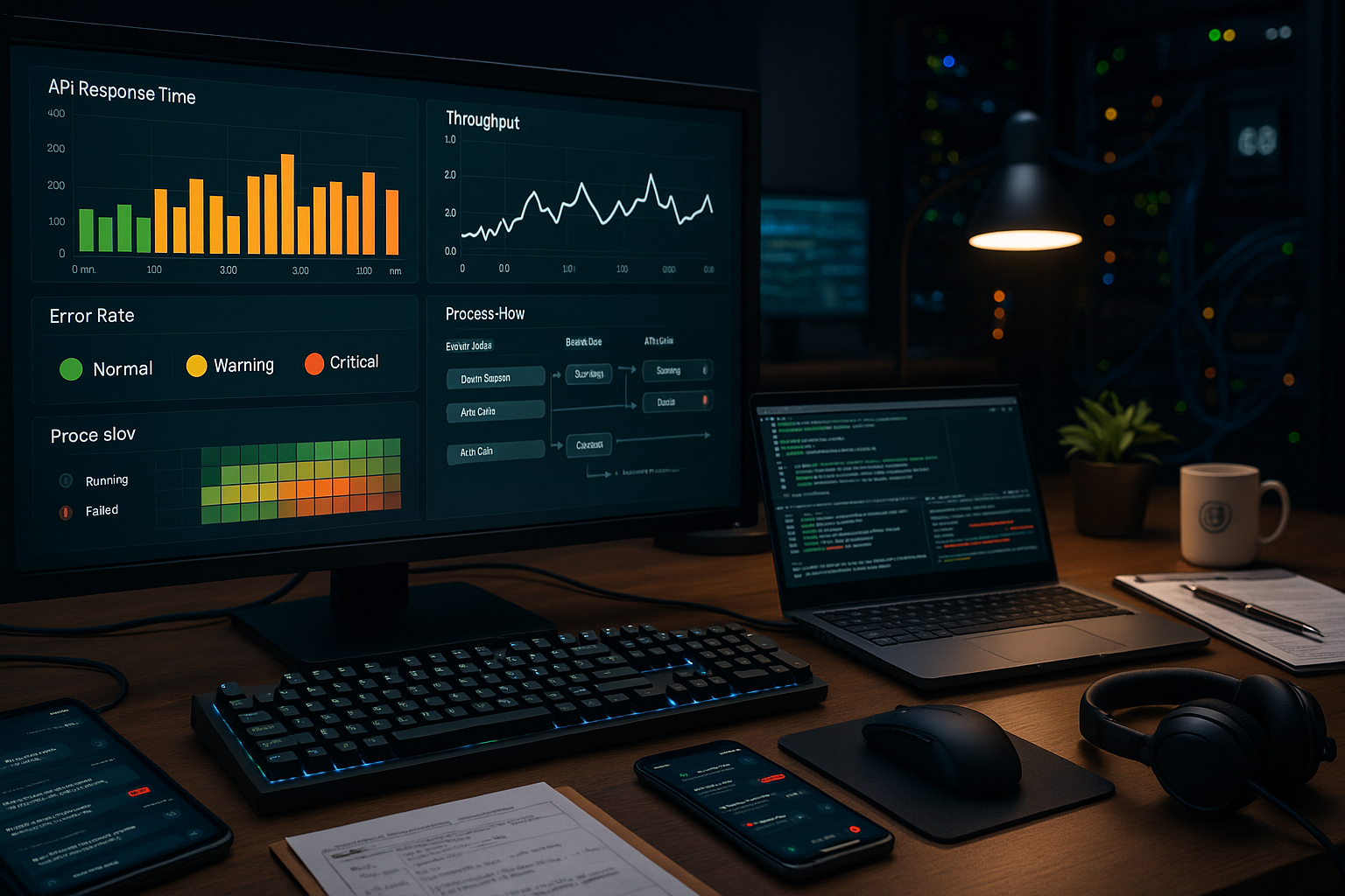Nahaufnahme hochauflösendes Monitoring-Dashboard auf großem Bildschirm zeigt technische KPIs für Finance-Systeme, Echtzeit-Metriken zu API-Response-Times mit Balkendiagrammen, Throughput-Liniendiagramme mit Peaks, Error-Rates mit Ampel-Status in Grün Gelb Rot, Integration-Latency Heatmaps und Prozessfluss-Visualisierungen mit Status-Indikatoren für Batch-Jobs und Event-Streams, im Vordergrund mechanische Tastatur mit beleuchteten Keys und präzise Gaming-Maus, daneben aufgeklapptes Laptop mit Log-Analyse-Software und Security-Scan-Ergebnissen, Tablet mit Alerting-Dashboard, im Hintergrund unscharf weitere Monitore mit Systemstatistiken, Serverrack mit leuchtenden Status-LEDs, Netzwerk-Switch mit verbundenen Kabeln, Firewall-Appliance, Backup-Storage-Einheiten, klimatisierter Serverraum mit Temperatur-Display, strukturierte Kabeldurchführung, dimmbare Schreibtischlampe, Clipboard mit Runbook und Checklisten, Sicherheits-Badge am Lanyard, dampfende Kaffeetasse, Notizblock mit Skizzen, Kugelschreiber, USB-Stick, Headset mit Mikrofon, Smartphone mit Alerting-App, Ladekabel, kleine Topfpflanze, digitale Wanduhr, dezente Beleuchtung von Schreibtischlampe und diffusem Umgebungslicht, konzentrierte sachliche Arbeitsatmosphäre, fokussiert technisch versiert und vermittelt proaktives Monitoring, Querformat, Landscape, 1200x600